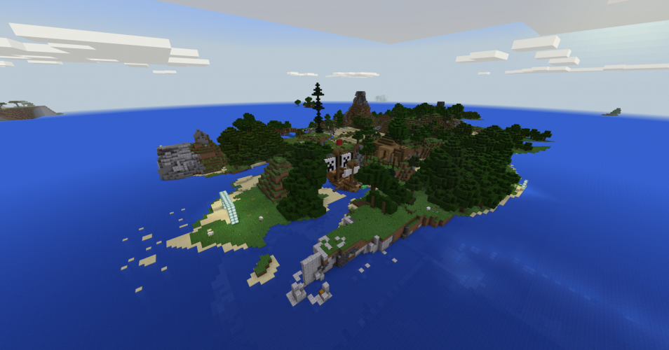 An aerial view of a forested island in Minecraft: Education Edition