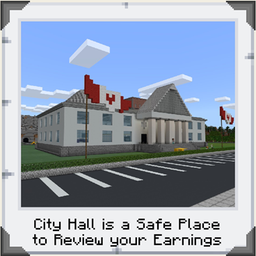 A city hall structure featuring a Canadian flag in Minecraft: Education Edition. Text reading 