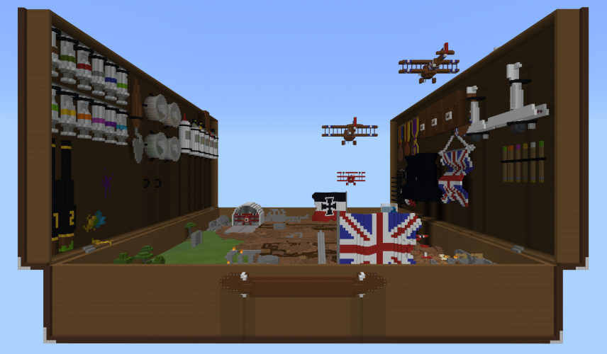 A World War I landscape fashioned within an expanding case in Minecraft: Education Edition