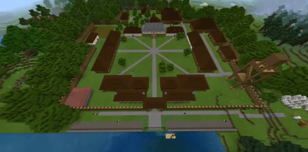 An aerial shot of a colonial fort in Minecraft: Education Edition