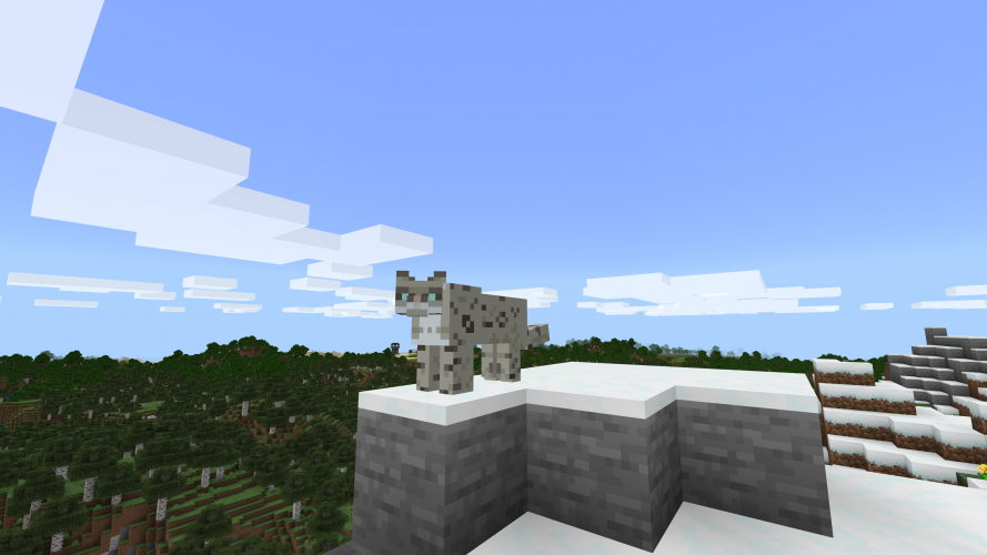 A snow leopard stands on a snowy peak overlooking a forest in Minecraft: Education Edition