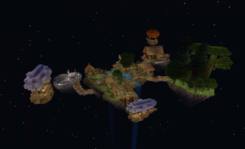 A island floating in space with a village representing the medieval period in Minecraft: Education Edition