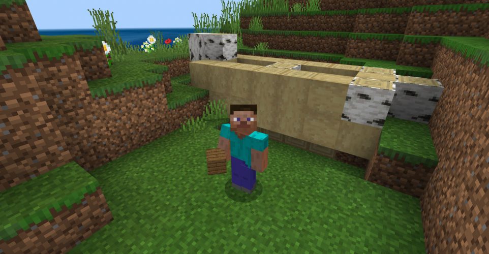 Steve stands in front of a birchbark boat he's building in Minecraft: Education Edition