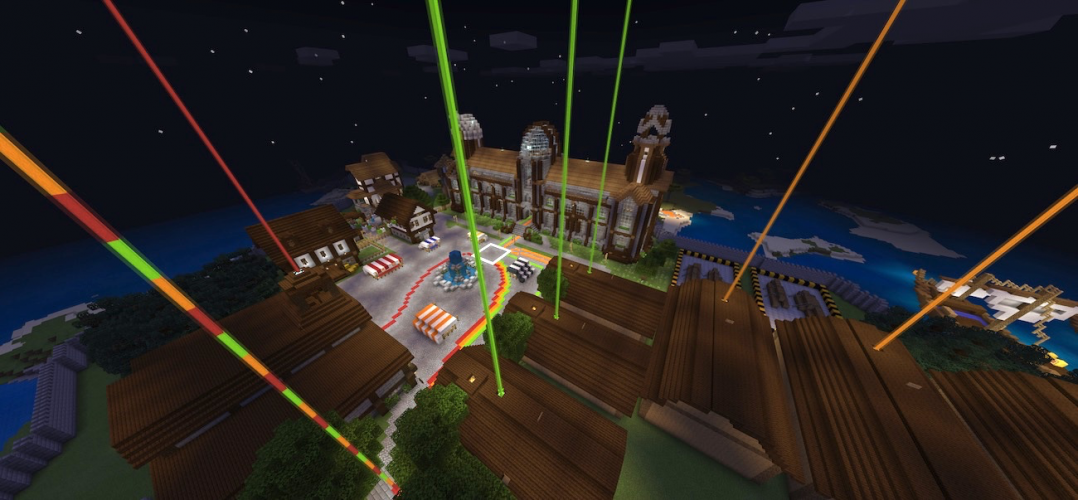 A village at night with several beacons blazing into the sky in Minecraft: Education Edition